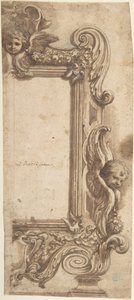 Progetto per una mezza cornice decorata con angeli, volute e ghirlande da Ciro Ferri.