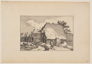 Una fattoria, uomo con due secchi sul sentiero di fronte, da Paesaggi (Verscheyden aerdige Lanthuysen...) da Claes Jansz. Visscher
