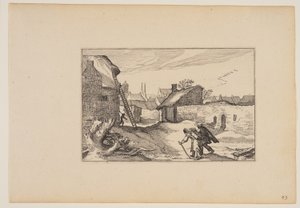 Un villaggio, scala in piedi contro la casa a sinistra, da Paesaggi (Verscheyden aerdige Lanthuysen...) da Claes Jansz. Visscher