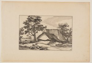 Fienili, mandria a riposo e cane in primo piano, da Paesaggi (Verscheyden aerdige Lanthuysen...) da Claes Jansz. Visscher
