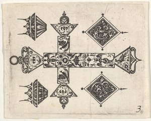 Stampa in nero con una croce latina e quattro motivi, ca. 1620