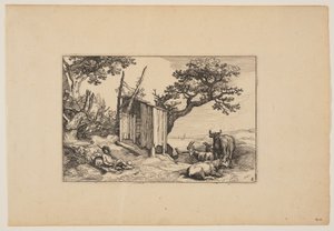 Fienile fatiscente con mandria e bestiame, da Paesaggi (Verscheyden aerdige Lanthuysen...) da Claes Jansz. Visscher