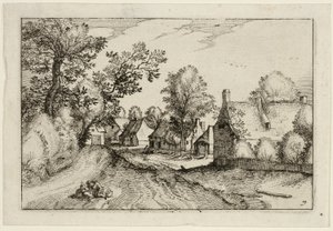 Una strada di paese, tavola sette dopo Immagini di fattorie, case di campagna e villaggi rustici (Praediorum villarum et rusticarum casularum icones)