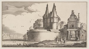 Bastione e porta della città su un fiume, da Paesaggi (Playsante Lantschappen) da Claes Jansz. Visscher II