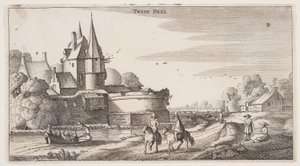 Strada di campagna lungo un villaggio con un bastione, da Paesaggi (Playsante Lantschappen)