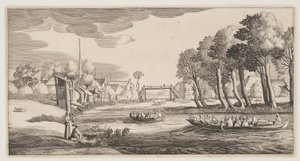 Viaggiatori in barca a remi che si avvicinano a un villaggio, da Paesaggi (Playsante Lantschappen) da Claes Jansz. Visscher II
