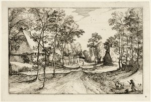 Strada del villaggio, tavola quattordici dopo Immagini di fattorie, case di campagna e villaggi rustici (Praediorum villarum et rusticarum casularum icones) da Claes Jansz. Visscher II