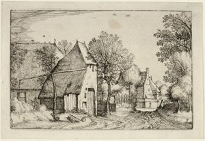 Strada del villaggio, terza tavola dopo Immagini di fattorie, case di campagna e villaggi rustici (Praediorum villarum et rusticarum casularum icones) da Claes Jansz. Visscher II
