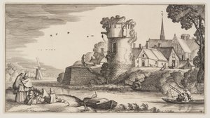 Torre di guardia presso un fiume, da Paesaggi (Playsante Lantschappen) da Claes Jansz. Visscher II