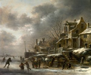 Scena invernale, fiume con figure che pattinano, 1671 da Claes Molenaer