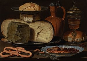 Natura morta con formaggi, mandorle e pretzel, c.1615 da Charlotte Evans