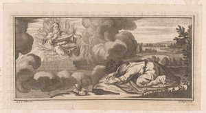 Rappresentazione allegorica o biblica con figura inginocchiata davanti a uomo su trono con fiamme