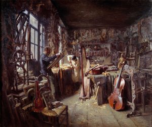 Un restauratore nel suo laboratorio pieno di strumenti da Claude Firmin