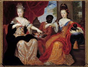 Ritratti di Mademoiselle de Blois e Mademoiselle de Nantes servite dal loro servo nero da Claude Francois Vignon