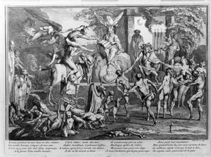 Cerimonia del sabba, demoni, streghe e creature mostruose che danzano. Incisione di Gillet da Claude Gillot