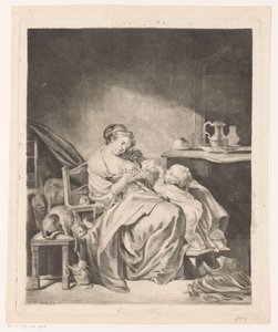 Interno con una donna seduta che allatta il suo bambino da Claude Henri Watelet