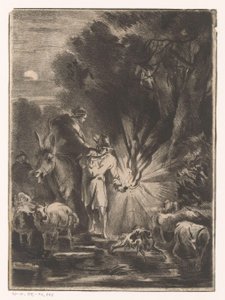 Paesaggio notturno con pastore e pastorella vicino a un ruscello da Claude Henri Watelet