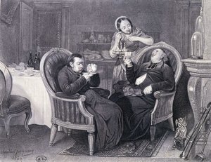 Dopocena: Due preti prendono caffè e digestivo, serviti dalla loro domestica da Claude Jacquand