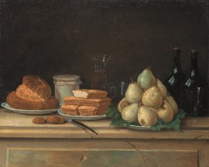 Pere e pane su piatti, con bottiglie di vino e bicchieri su un ripiano di pietra da Claude Joseph Fraichot