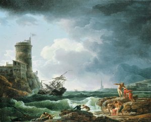 Tempesta con naufragio vicino a una fortezza, un naufrago in primo piano