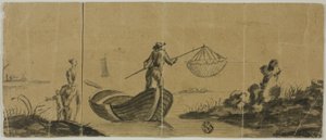 Chinoiserie con uomo che pesca dalla barca, donna e bambino in piedi sulla riva da Claude Joseph Vernet