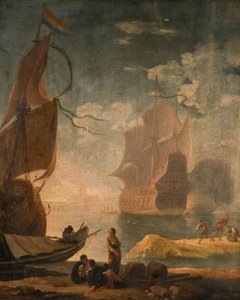 Scena del porto con nave da guerra e figure su un molo, 1825 da Claude Joseph Vernet