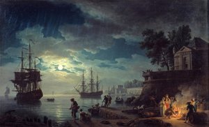 Pesca al chiaro di luna Veduta notturna di un porto con uomini che accendono un falò. Dipinto di Joseph Vernet da Claude Joseph Vernet