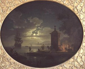 Notte: un paesaggio costiero illuminato dalla luna con pescatori vicino a un fuoco su un molo, una nave da guerra oltre