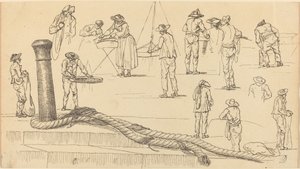 Figure sul molo e una lunghezza di corda attaccata a una bitta da Claude Joseph Vernet