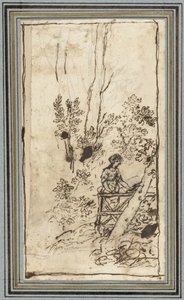 Giovane donna in piedi vicino a una recinzione in un bosco (Studies van dieren uit het Dierenalbum)