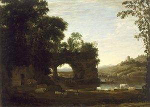 Paesaggio con un arco di roccia e fiume