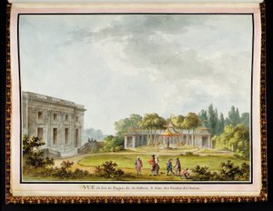 "Vue de Jeu de Bague, de Sa Gallerie, & d"une des Façades du Chateau", dal Castello e Giardini della Regina al Petit Trianon: Un sontuoso album di disegni originali e piani commissionati da Maria Antonietta, dall