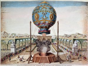 Esperimento dei fratelli Montgolfiere il 19 ottobre 1783 nel giardino di Monsieur Reveillon, faubourg Saint Antoine a Parigi. Incisione di Desrais Claude Louis Desrais (1746-1816)