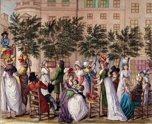 Moda sotto il Direttorio: "Le petit Coblenz", la passeggiata Boulevard des Italiens a Parigi. Litografia di Claude Louis Desrais (1746-1816) 1798. Parigi, Museo Carnavalet da Claude Louis Desrais