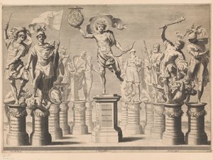 Allegoria in onore della casa Savoia con figure leggendarie su piedistalli da Claude Mellan