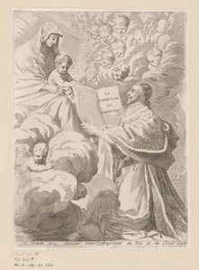 Armand-Jean du Plessis duca di Richelieu presenta un libro a Maria con Bambino (Pagina del titolo per: Armand-Jean du Plessis duca di Richelieu, Traité de la perfection du chrétien)