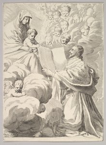Cardinale Richelieu, inginocchiato, presenta il suo libro alla Vergine e al Bambino, ca. 1646 da Claude Mellan