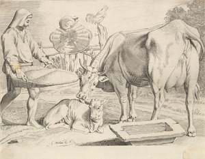 Scena di campagna con contadino, mucca e vitello da Claude Mellan
