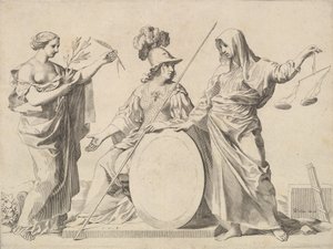 Minerva affiancata da Pace e Giustizia da Claude Mellan