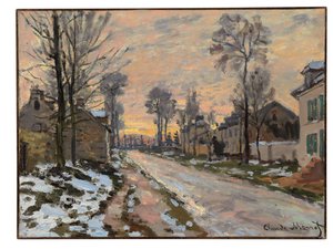 Strada a Louveciennes, neve che si scioglie, sole al tramonto, c.1869-70 da Claude Monet