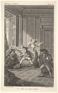 Un uomo rannicchiato su una sedia guarda verso un altro uomo che si avvicina da sinistra, ca. 1784 da Claude Nicolas Malapeau