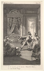 Un uomo si china verso una donna in piedi in una porta a destra, a sinistra una donna seduta alza..., ca. 1784 da Claude Nicolas Malapeau