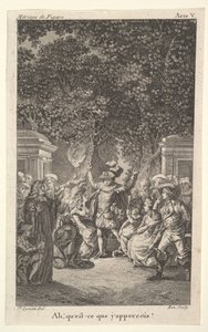 Un giovane ragazzo tiene una torcia sotto gli alberi in un giardino, al centro un uomo alza entrambe le braccia, ca. 1784 da Claude Nicolas Malapeau