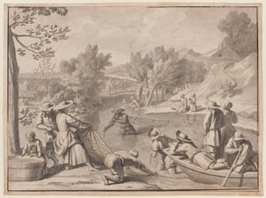 Agosto: Pesca, 1700 circa (inchiostro) da Claude Simpol