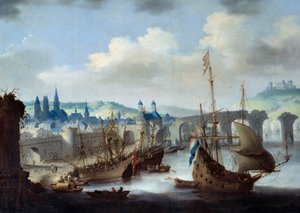 Veduta della città di Rouen. Le navi sono ormeggiate sulle rive della Senna da Claude de Jongh