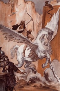 La storia di Bellerofonte: Bellerofonte sul suo cavallo Pegaso uccide la Chimera. Illustrazione di Clement Gontier (1876-1918) per 