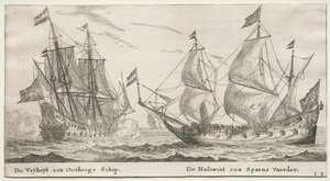 Varie navi e vedute di Amsterdam, Parte II: La Libertà, una nave da guerra. Il Lupo, una nave spagnola da Clement de Jonghe
