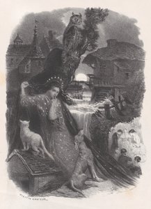 Notte, vignetta di ragazza in costume del XVIII secolo che raccoglie rose, ca. 1830-65