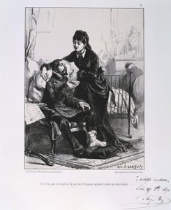 Guerra franco-prussiana 1870-1871: un soldato ferito viene curato e nutrito. Da una serie di litografie di Clement August Andrieux sulla Guardia Nazionale.
