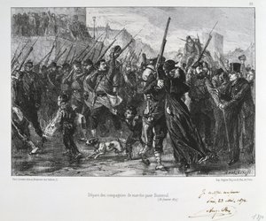 Guerra franco-prussiana 1870-1871: Battaglia di Buzenval (Monte Valerien) vicino a Versailles 19 gennaio 1871. Guardia Nazionale in marcia verso la battaglia e la sconfitta. Da una serie di litografie di Clement August Andrieux sulle Guardie Nazionali.